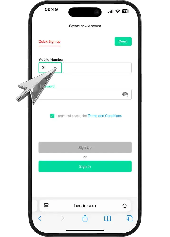 BeCric registration in the app